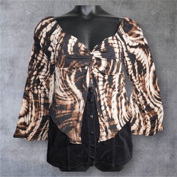 Bluebell Brown Swirl Print Mesh Top – Size 1X – Y2K Inspired Bell Sleeve Knot - Picture 13 of 14